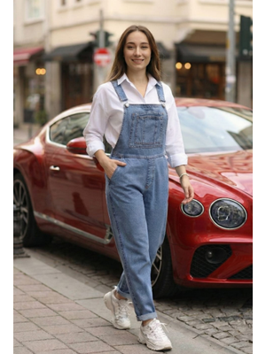 Askılı Cep Detaylı Kot Mavi Tulum