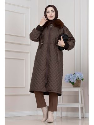 Kahverengi Yakası Kürklü Capitone Mont