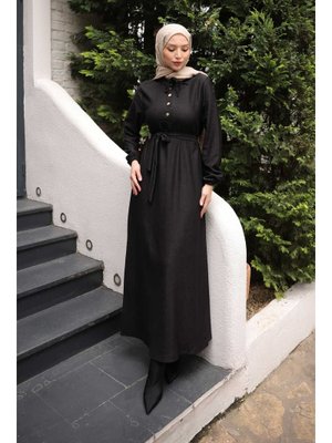 Siyah Kuşaklı Kol Lastikli Fitilli Elbise
