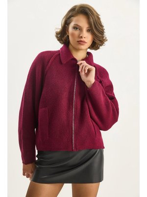 Vişne Önden Fermuarlı Polo Yaka Relaxed Triko Ceket Hırka