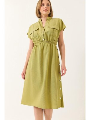 Fıstık Yeşili Beli Lastikli Çıtçıt Detaylı Cepli Keten Elbise