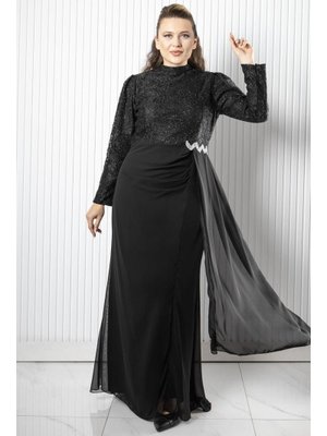 Siyah Dantel Şifon Abiye Elbise