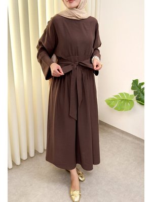 Kahverengi Yüksek Bel Kuşak Bağlamalı Elbise