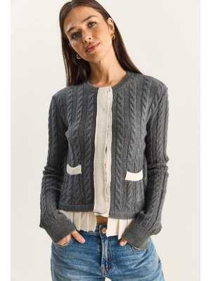 Füme Pile Detaylı Saç Örgü Triko Kazak