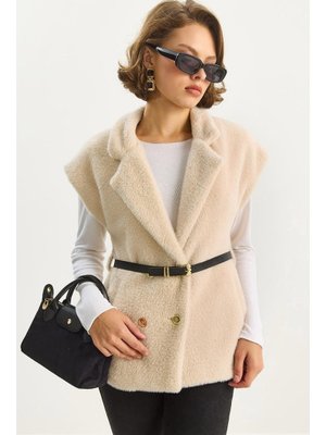 Bej Suni Kürk Dokulu Kemerli Cep Detaylı Astarlı Yelek
