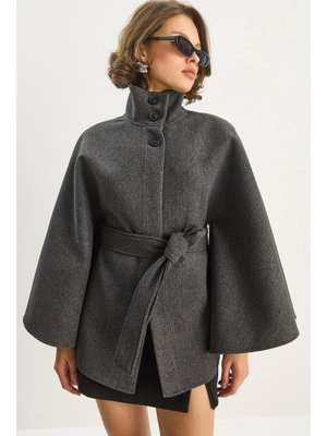 Antrasit Kuşaklı Dik Yaka Kaşe Panço