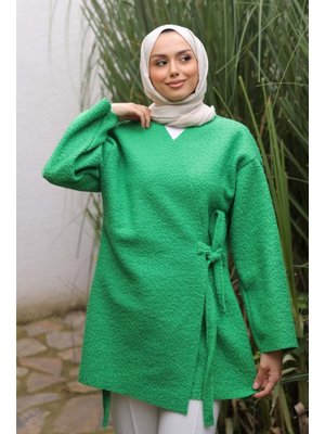 Yeşil Yan Bağlamalı Buklet Kimono Ceket