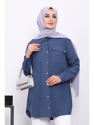 İndigo Omuzları Apoletli Çift Cepli Tunik