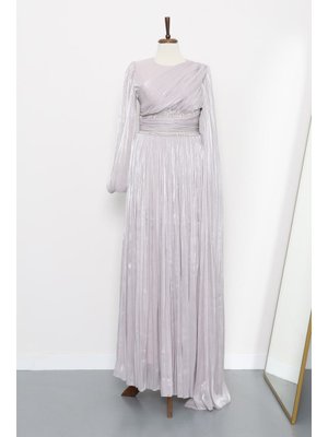 Gri Bel Büzgülü Taşlı Abiye Elbise