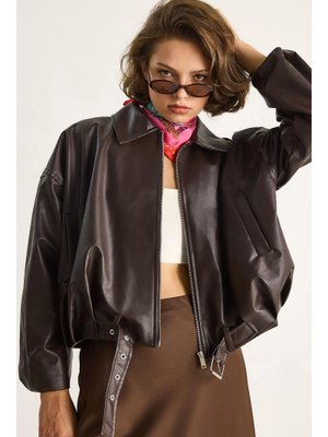 Kahve Oversize Tokalı Deri Ceket