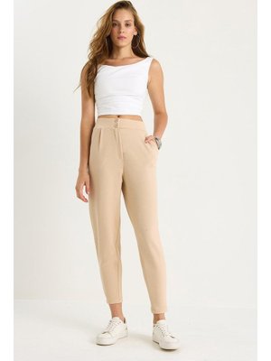 Bej Çift Düğmeli Cep Detaylı Balon Pantolon