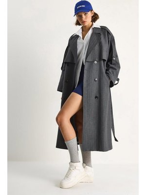 Antrasit Çizgili Düğme Detaylı Kuşaklı Kruvaze Trençkot