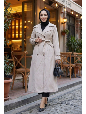 İçi Astarlı Kuşaklı Düğmeli Vizon Bondit Trençkot