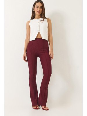 Bordo Yüksek Bel İspanyol Paça Nervürlü Tayt Pantolon