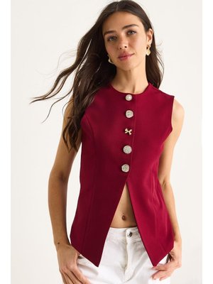 Bordo Regular Bisilet Yaka Gold Düğme Detaylı Astarlı Dokuma Yelek