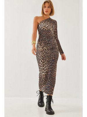 Kahverengi Tek Omuz Ve Büzgülü Elbise