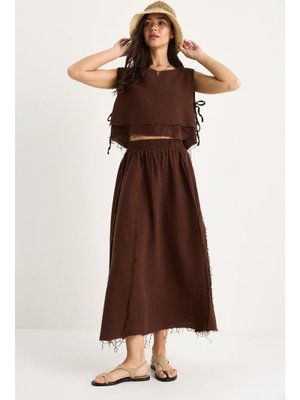 Kahverengi Beli Lastikli Etek Yandan Bağlama Detaylı Crop Müslin Alt Üst Takım
