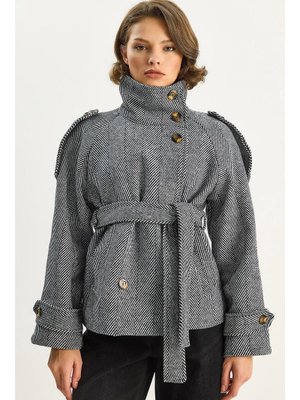 Ekru Dik Yaka Cep Detaylı Kuşaklı Astarlı Balıksırtı Kaşe Kaban Siyah