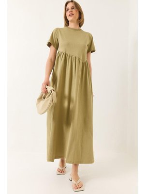 Yağ Yeşili Büzgülü Uzun Örme Elbise