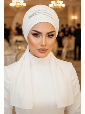 Beyaz Taşlı Atkılı Abiye Bone