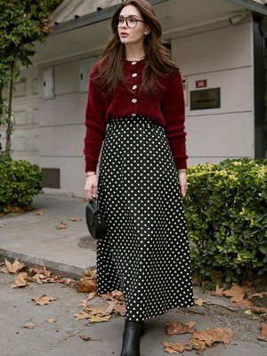 Siyah Puantiyeli Keten Kloş Etek