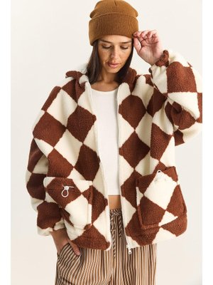 Kahverengi Kemik Baklava Desenli Astarlı Kapüşonlu Peluş Mont