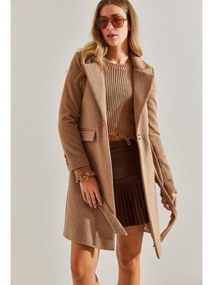 Camel Tek Düğmeli Kuşaklı Astarlı Kaşe Kaban