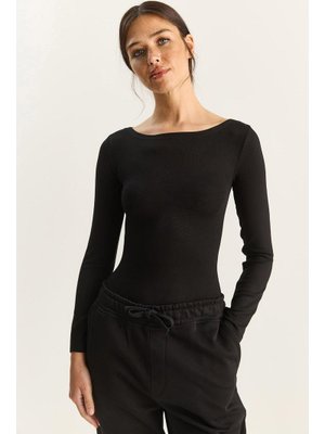 Siyah Cotton Kayık Yaka Bluz