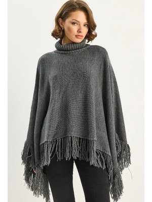 Antrasit Boğazlı Püsküllü Triko Panço