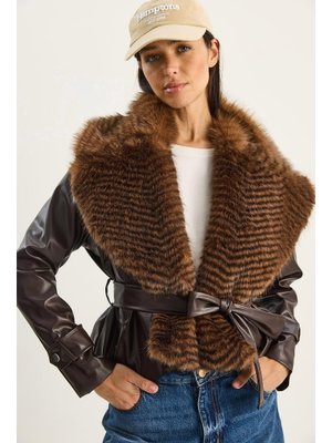 Acı Kahve Kürk Yaka Kuşaklı Astarlı Suni Deri Ceket
