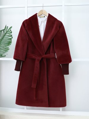 Bordo Kolu Ribanalı Şal Yaka Astarlı Kaşe Kaban