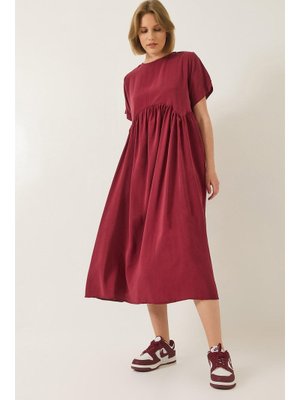 Bordo Kısa Kollu Asimetrik Dikiş Detaylı Cepli Yazlık Modal Elbise