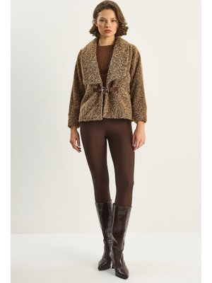 Camel Kemerli Astarlı Keçe Ceket Kaban