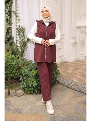 Bordo Fitilli Yelek Tunik Pantolonlu Üçlü Takım
