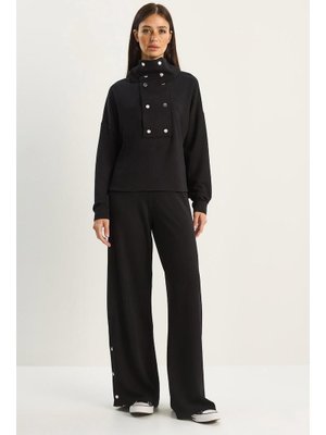 Siyah Dik Yaka Çıtçıt Detaylı Modal Alt Üst Takım