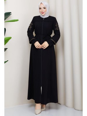 Siyah Bağcıklı Kolu Nakışlı Ferace