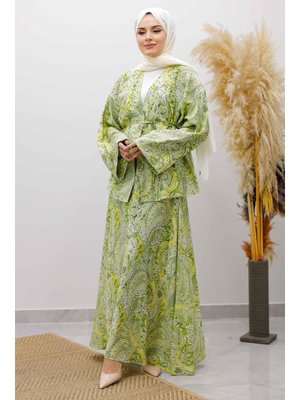 Yeşil Desenli İp Bağlamalı Etekli Takım