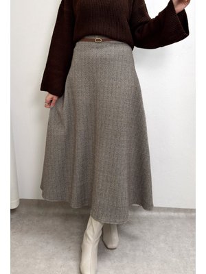 Kahverengi Balıksırtı Desenli Kaşe Etek