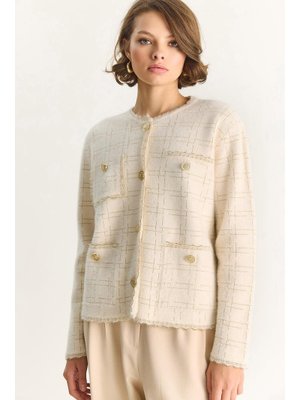 Ekru Gold Simli Vintage Düğmeli Yumuşak Dokulu Hırka