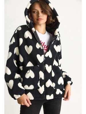 Ekru Kalpli Kapüşonlu Oversize Peluş Mont Siyah