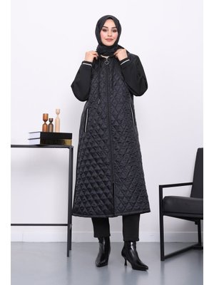 Siyah Kapitone Kapüşonlu Kap