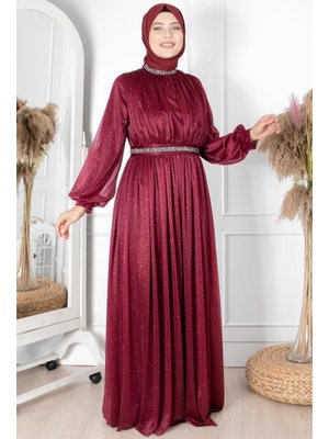 Mürdüm Taş İşlemeli Simli Tül Abiye