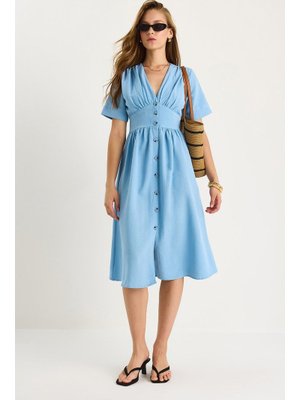 Bebe Mavisi V Yaka Bel Detaylı Düğmeli Kısa Kollu Viskon Keten Elbise