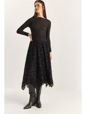 Siyah Kadife Desenli Astarlı Asimetrik Kesim Beli Lastikli Midi Etek