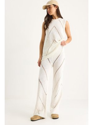 Ekru Kalın Askılı Bluz Bol Pantolonlu İnce Yazlık Triko Alt Üst Takım