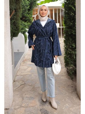 Lacivert Kapüşonlu Lazer Kesim Kot Ceket