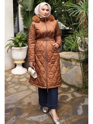 Taba Kapüşonlu Fermuarlı Kapitone Mont