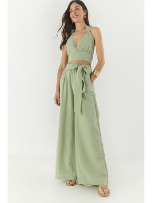 Fıstık Yeşili Doğal Keten Bağlamalı Dikişsiz Üçgen Crop Lastik Belli Salaş Pantolon Bohem Takım