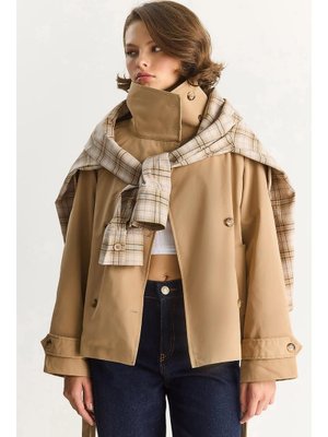 Camel Dik Yaka Kuşak Detaylı Astarlı Oversize Kısa Trençkot