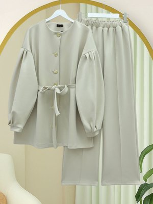 Bej Balon Kol Beli Kuşaklı Önü Düğmeli Scuba Takım